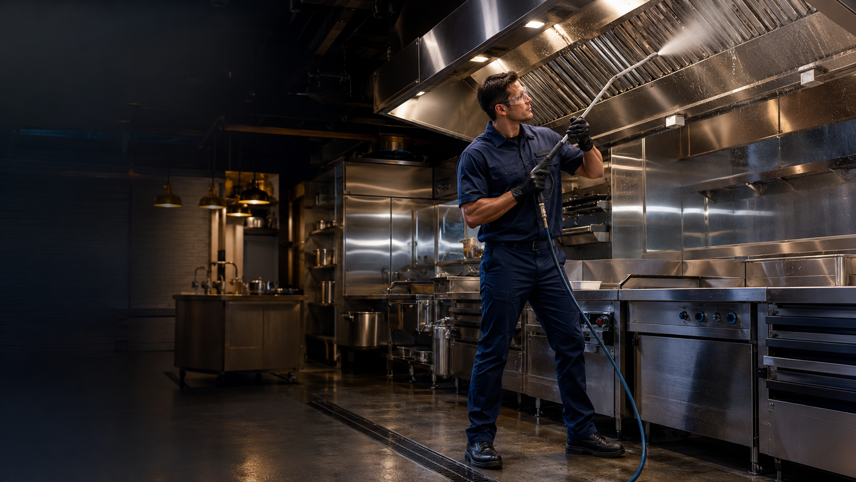 A commercial kitchen exhaust cleaning professional servicing a stainless-steel hood